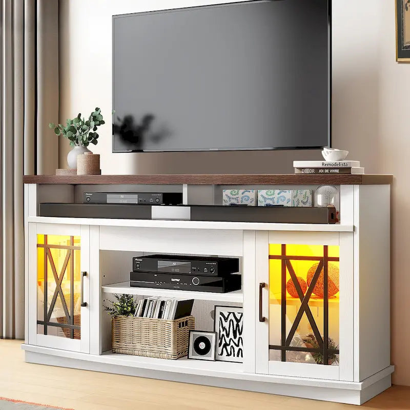 Meuble TV haut 2 portes avec lumières LED Moasis de 59 pouces pour téléviseurs jusqu'à 70 pouces