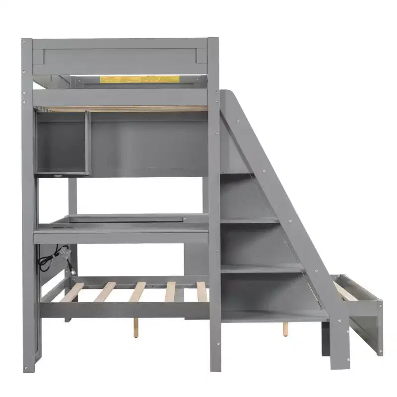 Lit superposé simple XL sur double avec bureau et USB, en bois massif avec étagères latérales et rangement sous le lit